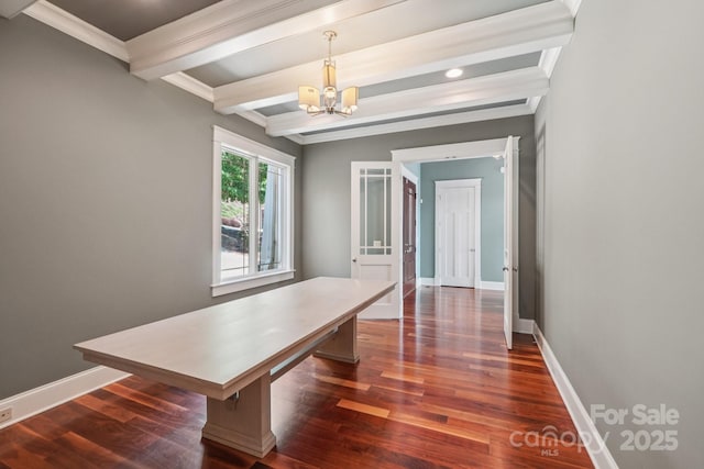 3229 Lake Pointe Dr, Belmont, NC 28012 - hall featuring a chandelier, dark wood-type flooring, beamed ceiling, and crown molding