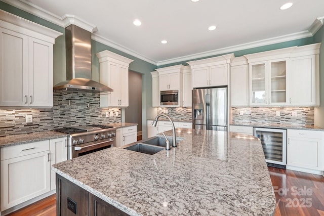 3229 Lake Pointe Dr, Belmont, NC 28012 - kitchen featuring stainless steel appliances, beverage cooler, wall chimney range hood, dark wood-type flooring, and ornamental molding