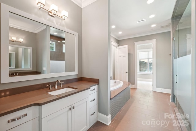 3229 Lake Pointe Dr, Belmont, NC 28012 - full bathroom featuring crown molding, vanity, a garden tub, recessed lighting, and tiled shower