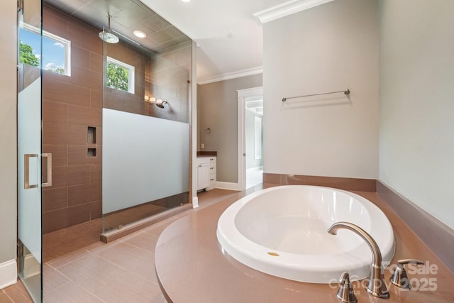 3229 Lake Pointe Dr, Belmont, NC 28012 - full bath with a tile shower, a garden tub, and ornamental molding