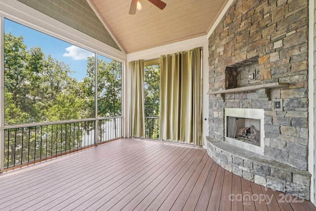 3229 Lake Pointe Dr, Belmont, NC 28012 - wooden terrace with a stone fireplace and ceiling fan