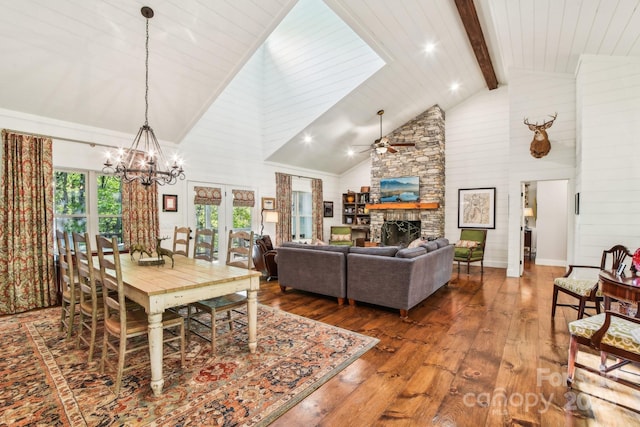 1092 E Bald Rock Dr, Sapphire, NC 28774 - dining room featuring hardwood / wood-style floors, high vaulted ceiling, a chandelier, ceiling fan, and beamed ceiling
