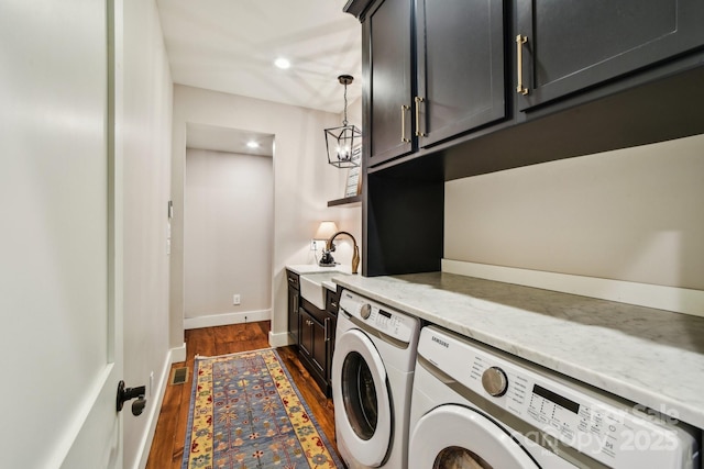1092 E Bald Rock Dr, Sapphire, NC 28774 - washroom with cabinet space, washing machine and clothes dryer, dark wood finished floors, and recessed lighting