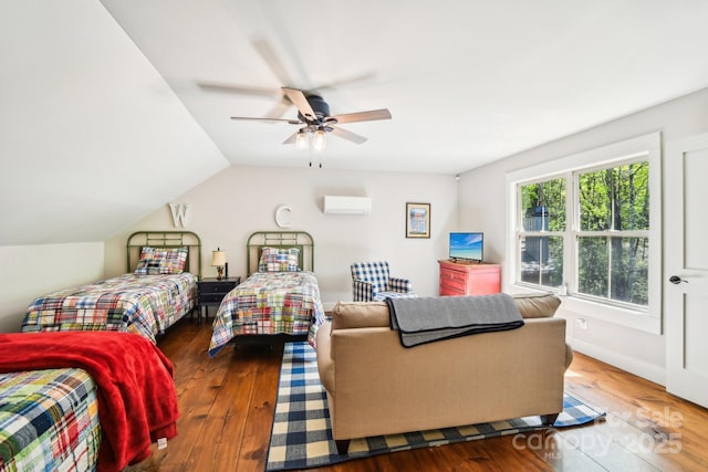 1092 E Bald Rock Dr, Sapphire, NC 28774 - bedroom featuring a wall mounted AC, hardwood / wood-style floors, ceiling fan, and vaulted ceiling