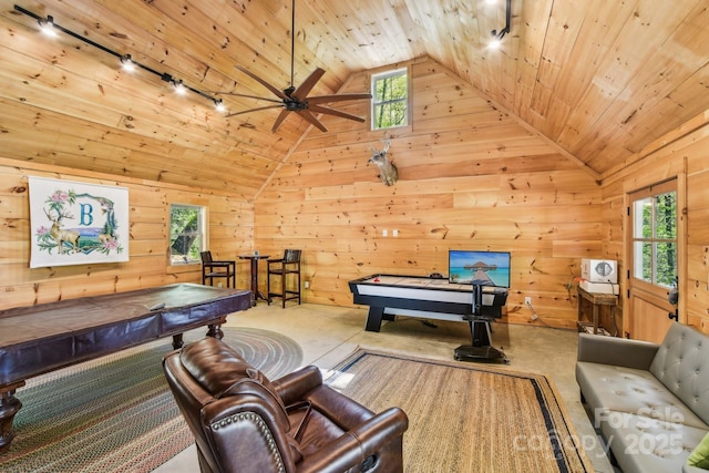1092 E Bald Rock Dr, Sapphire, NC 28774 - recreation room featuring billiards, track lighting, wood walls, wooden ceiling, and a ceiling fan