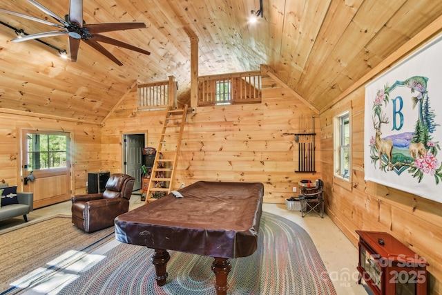 1092 E Bald Rock Dr, Sapphire, NC 28774 - recreation room with wooden ceiling, vaulted ceiling, wood walls, ceiling fan, and billiards table