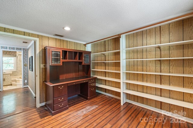 630 Burrage Rd NE, Concord, NC 28025 - unfurnished office with ornamental molding, a textured ceiling, wood finished floors, and recessed lighting