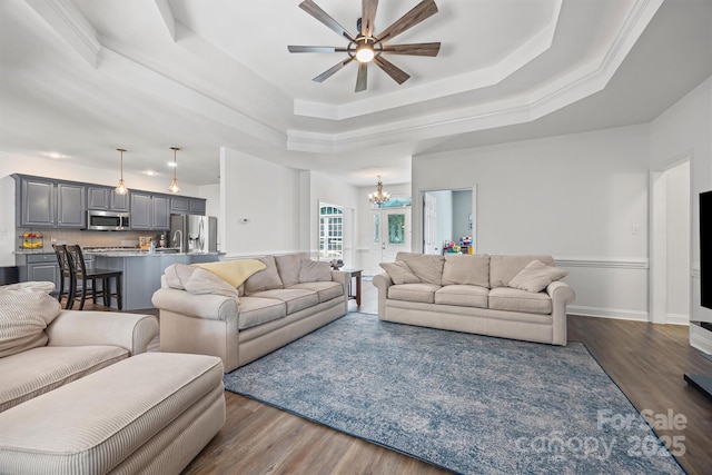 1528 Autumn Brook Ln, York, SC 29745 - living area with a raised ceiling, a chandelier, dark wood-style flooring, and ceiling fan