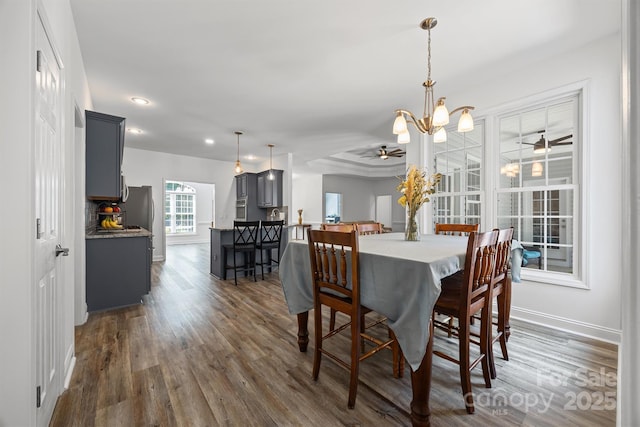 1528 Autumn Brook Ln, York, SC 29745 - dining space featuring ceiling fan, dark wood-style floors, recessed lighting, and a chandelier