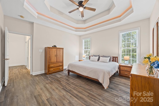 1528 Autumn Brook Ln, York, SC 29745 - bedroom with a tray ceiling, dark wood-style flooring, and a ceiling fan