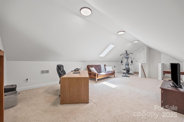 1528 Autumn Brook Ln, York, SC 29745 - home office featuring light carpet, lofted ceiling, and a skylight