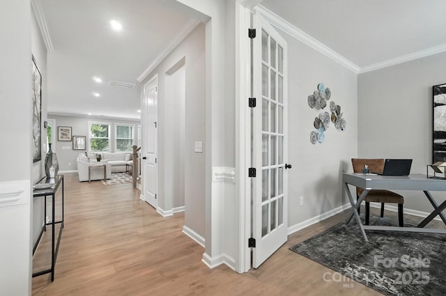 9945 Cask Way, Huntersville, NC 28078 - office featuring crown molding, light wood-style flooring, and recessed lighting