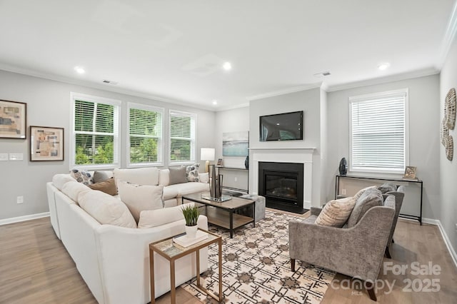 9945 Cask Way, Huntersville, NC 28078 - living room with ornamental molding, light wood-type flooring, a fireplace with flush hearth, and recessed lighting