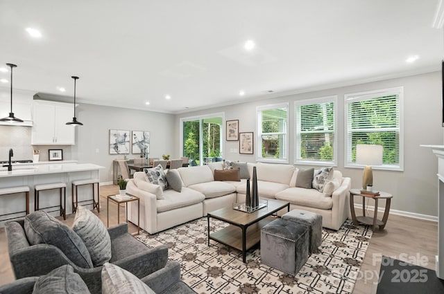9945 Cask Way, Huntersville, NC 28078 - living area featuring light wood finished floors, recessed lighting, and ornamental molding