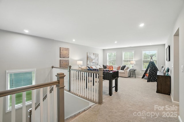 9945 Cask Way, Huntersville, NC 28078 - corridor featuring an upstairs landing, light carpet, and recessed lighting