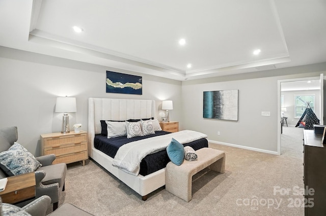 9945 Cask Way, Huntersville, NC 28078 - bedroom featuring a tray ceiling, light carpet, recessed lighting, and ornamental molding