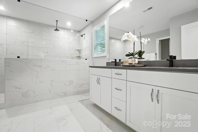 9945 Cask Way, Huntersville, NC 28078 - bathroom featuring marble look tiles, double vanity, walk in shower, and recessed lighting