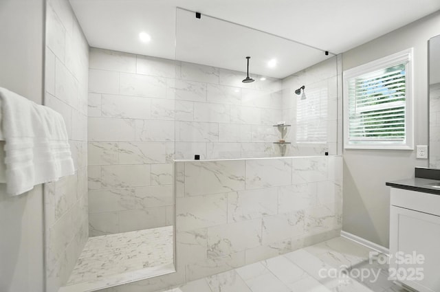 9945 Cask Way, Huntersville, NC 28078 - bathroom with marble look tile flooring, vanity, walk in shower, and recessed lighting