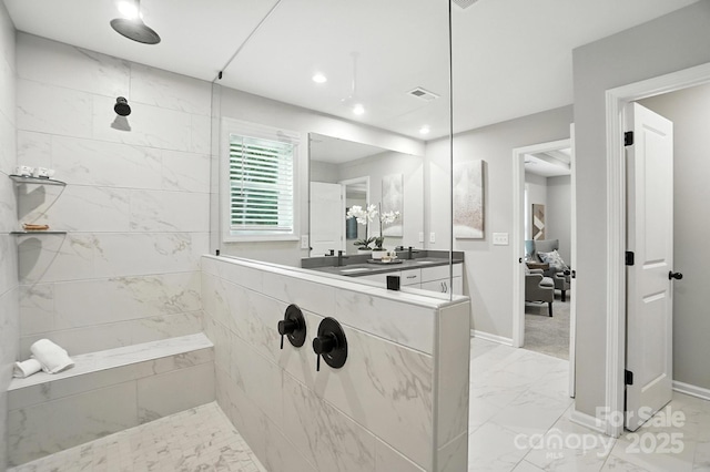 9945 Cask Way, Huntersville, NC 28078 - bathroom featuring marble look tile flooring, walk in shower, recessed lighting, and vanity