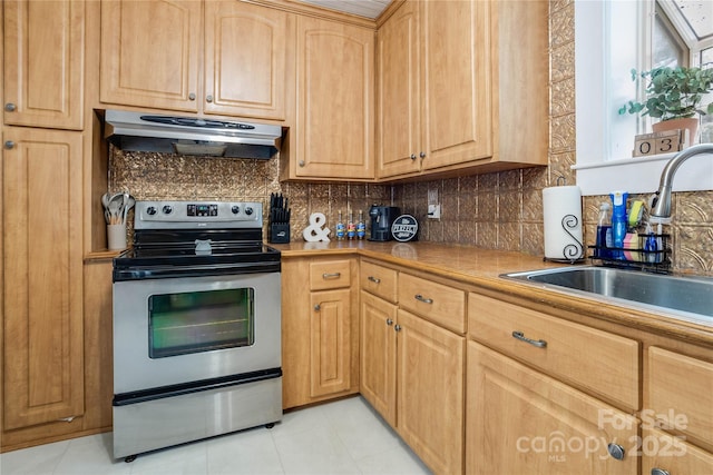 143 W College St, Stanley, NC 28164 - kitchen featuring stainless steel electric range oven, under cabinet range hood, tasteful backsplash, and light tile patterned flooring