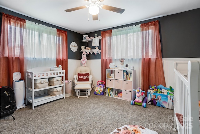 143 W College St, Stanley, NC 28164 - game room featuring wainscoting, carpet, and ceiling fan