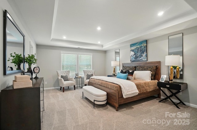 9843 Quercus Ln, Huntersville, NC 28078 - bedroom with light carpet, a raised ceiling, and recessed lighting