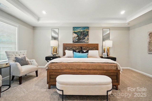 9843 Quercus Ln, Huntersville, NC 28078 - bedroom featuring a tray ceiling, light colored carpet, ornamental molding, and recessed lighting