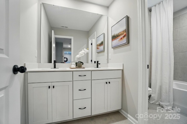 9843 Quercus Ln, Huntersville, NC 28078 - full bathroom featuring double vanity and shower / tub combo with curtain