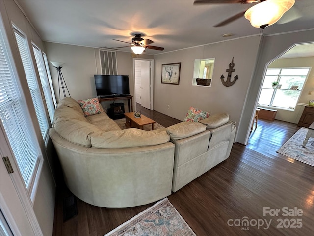 104 Pine St Unit 201, New London, NC 28127 - living room featuring a ceiling fan and dark wood-type flooring