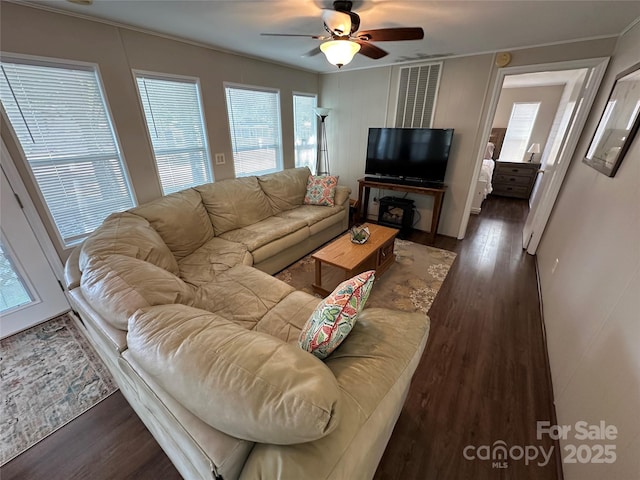 104 Pine St Unit 201, New London, NC 28127 - living area with plenty of natural light, dark wood-type flooring, and ceiling fan