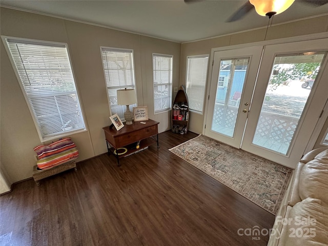 104 Pine St Unit 201, New London, NC 28127 - doorway featuring wood finished floors, crown molding, a ceiling fan, and french doors
