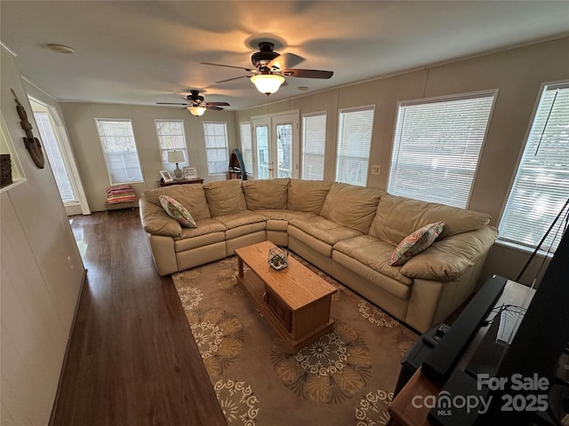 104 Pine St Unit 201, New London, NC 28127 - living area featuring wood finished floors and ceiling fan