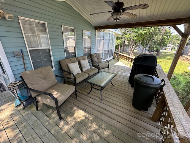 104 Pine St Unit 201, New London, NC 28127 - deck featuring a ceiling fan and an outdoor living space