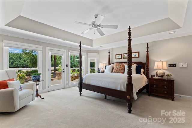 19245 Stableford Ln, Cornelius, NC 28031 - bedroom featuring a raised ceiling, access to exterior, light carpet, crown molding, and ceiling fan