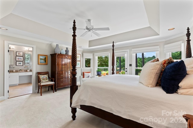 19245 Stableford Ln, Cornelius, NC 28031 - bedroom featuring a raised ceiling, access to outside, ornamental molding, connected bathroom, and light carpet