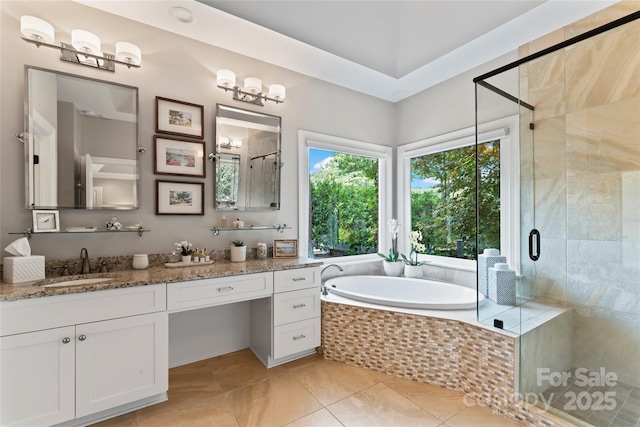 19245 Stableford Ln, Cornelius, NC 28031 - full bath featuring a bath, a shower stall, vanity, and tile patterned floors