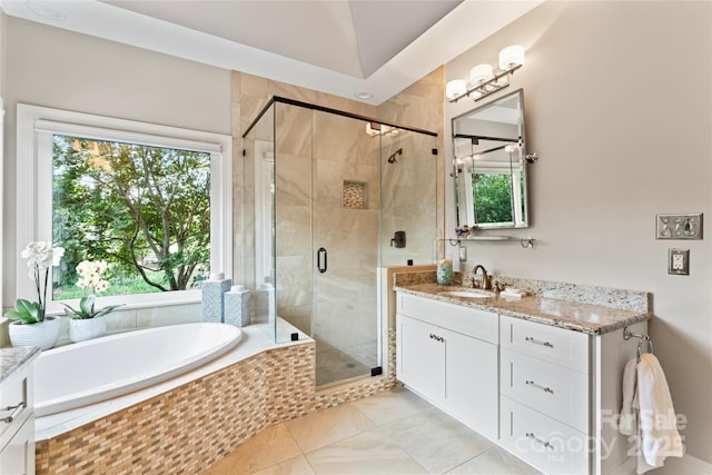19245 Stableford Ln, Cornelius, NC 28031 - full bath with vanity, a garden tub, a shower stall, and tile patterned floors
