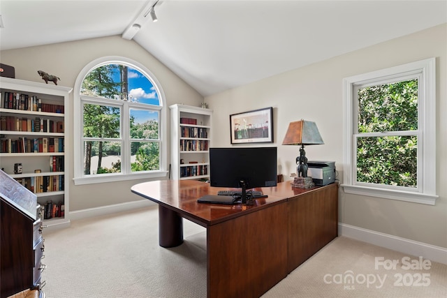 19245 Stableford Ln, Cornelius, NC 28031 - carpeted home office with rail lighting and vaulted ceiling