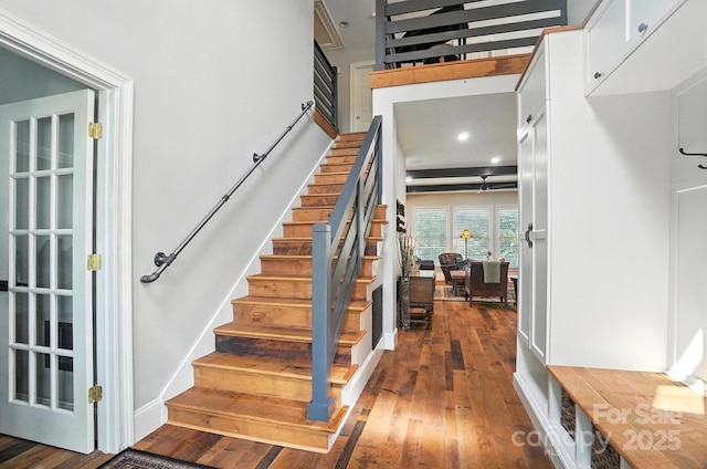 5005 Craftsman Ridge Dr, Matthews, NC 28104 - staircase with hardwood / wood-style flooring and recessed lighting