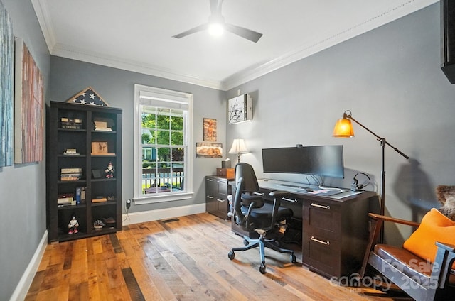 5005 Craftsman Ridge Dr, Matthews, NC 28104 - home office featuring ceiling fan, wood finished floors, and ornamental molding