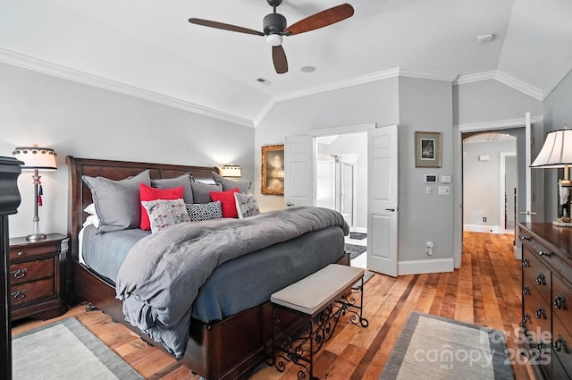 5005 Craftsman Ridge Dr, Matthews, NC 28104 - bedroom with lofted ceiling, light wood finished floors, ornamental molding, and ceiling fan