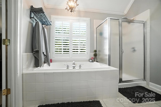 5005 Craftsman Ridge Dr, Matthews, NC 28104 - bathroom with a bath, tile patterned flooring, a shower stall, ornamental molding, and a chandelier