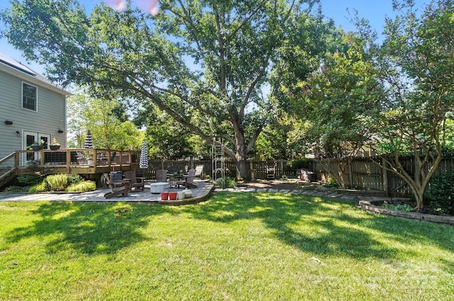 5005 Craftsman Ridge Dr, Matthews, NC 28104 - fenced backyard featuring a deck, a patio area, french doors, and a fire pit