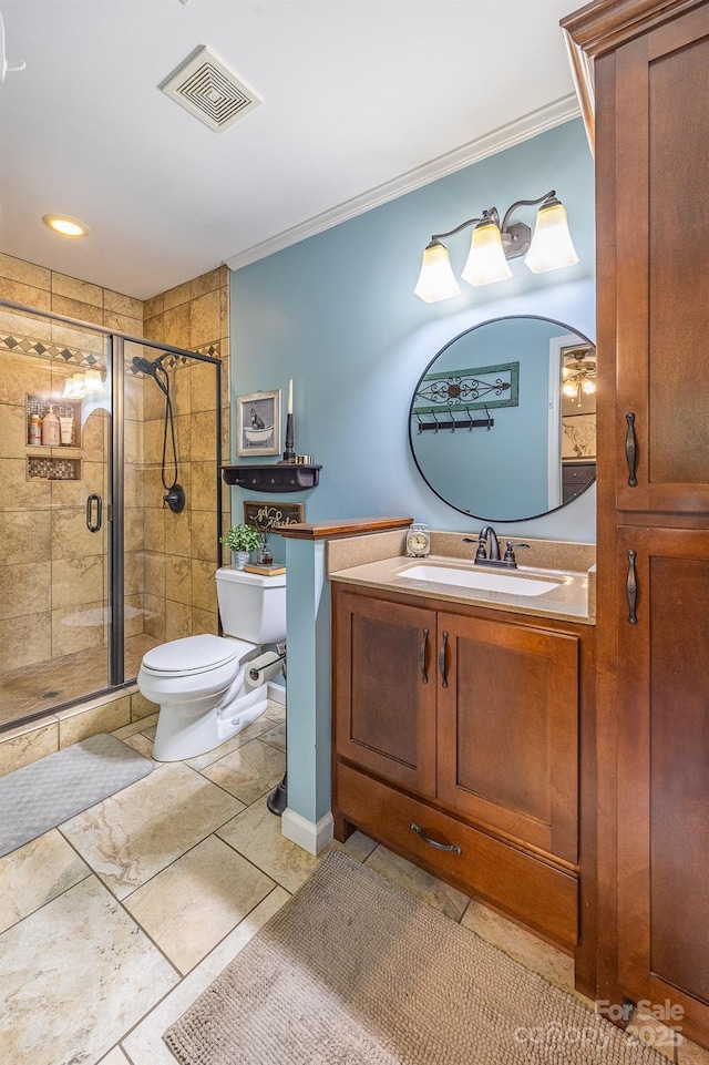 302 Redwood Pl, Lenoir, NC 28645 - full bathroom with ornamental molding, a shower stall, and vanity