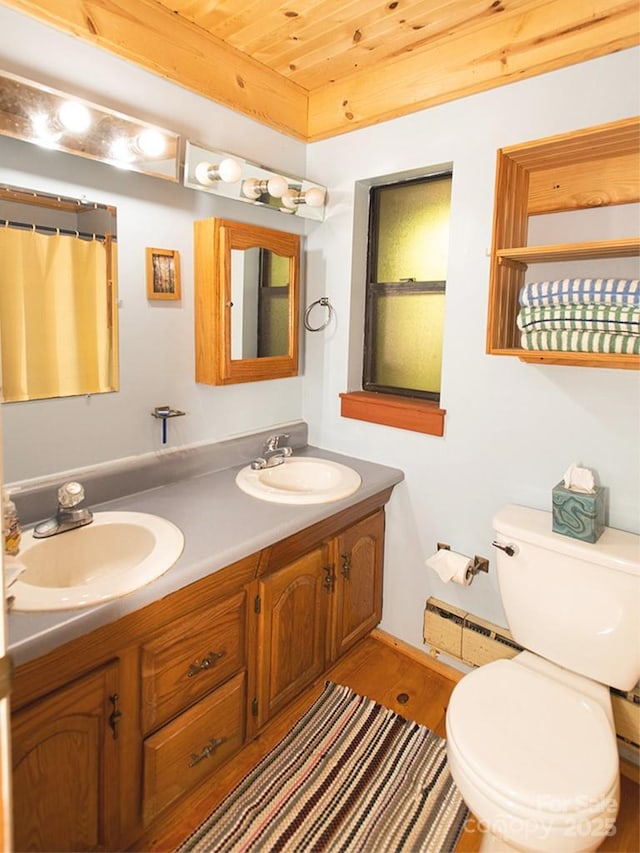 1090 Woolyshot Branch Rd, Hot Springs, NC 28743 - bathroom with wooden ceiling, baseboard heating, double vanity, and wood finished floors