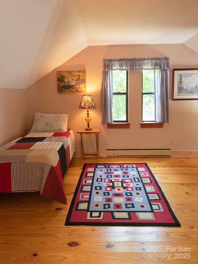 1090 Woolyshot Branch Rd, Hot Springs, NC 28743 - bedroom with baseboard heating, vaulted ceiling, and wood finished floors