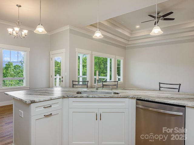 62 Sharp Rd W, Black Mountain, NC 28711 - kitchen featuring dishwasher, white cabinetry, wood finished floors, light stone countertops, and decorative light fixtures