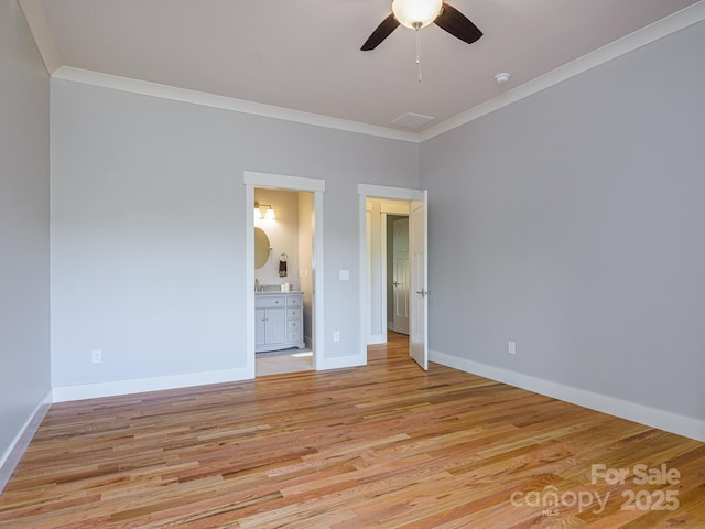 62 Sharp Rd W, Black Mountain, NC 28711 - unfurnished bedroom featuring crown molding, light wood-style floors, connected bathroom, and a ceiling fan
