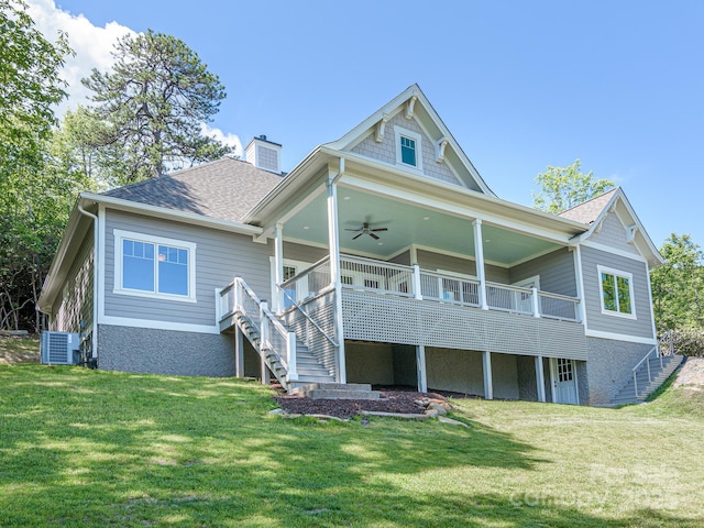 62 Sharp Rd W, Black Mountain, NC 28711 - rear view of property with a ceiling fan, stairway, a lawn, a chimney, and a shingled roof