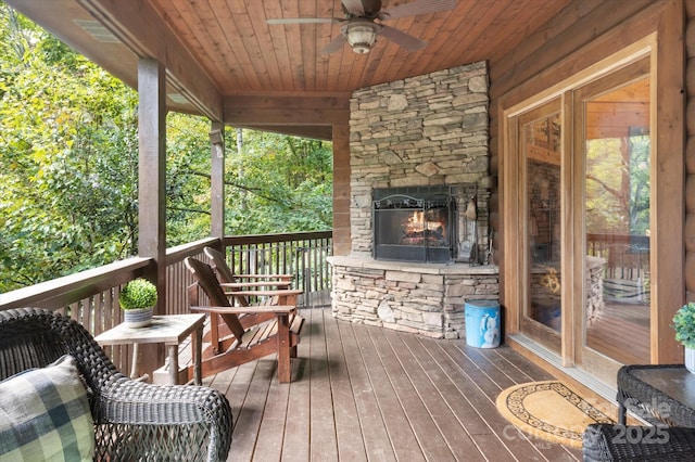 178 Anglers Way, Lake Lure, NC 28746 - wooden deck featuring an outdoor stone fireplace and a ceiling fan